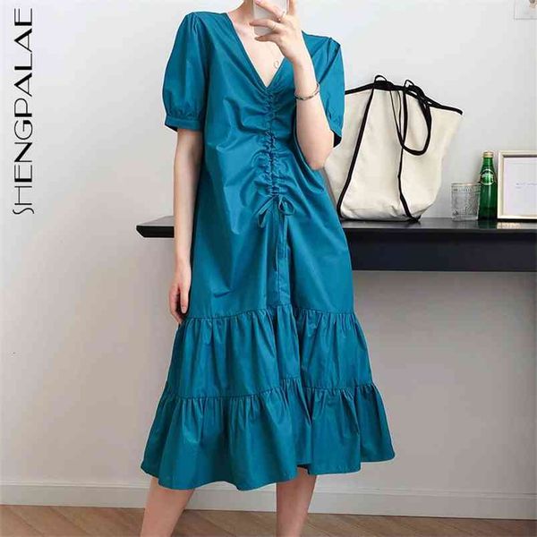 

women elegant drawstring blue long dress v-neck short sleeve loose fit fashion tide spring autumn 1dd5607 210427, Black;gray