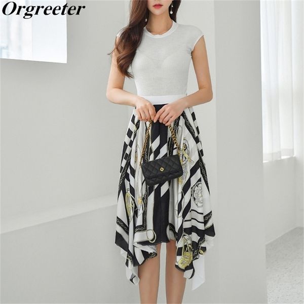 

2 pieces set women summer sleeveless white elastic blouse & high waist vintage print irregular skirts chic ol tshirt suits 210602
