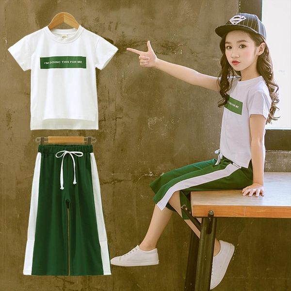 

girls clothing sets short sleeve t shirt pants 2pcs summer kids outwear children suits 3 4 5 6 7 8, White