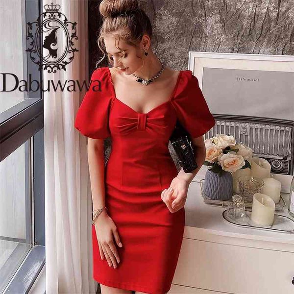 

dabuwawa exclusive vintage red bow square neck summer dress women puff sleeve solid a-line party dresses ladies do1bdr016 210520, Black;gray