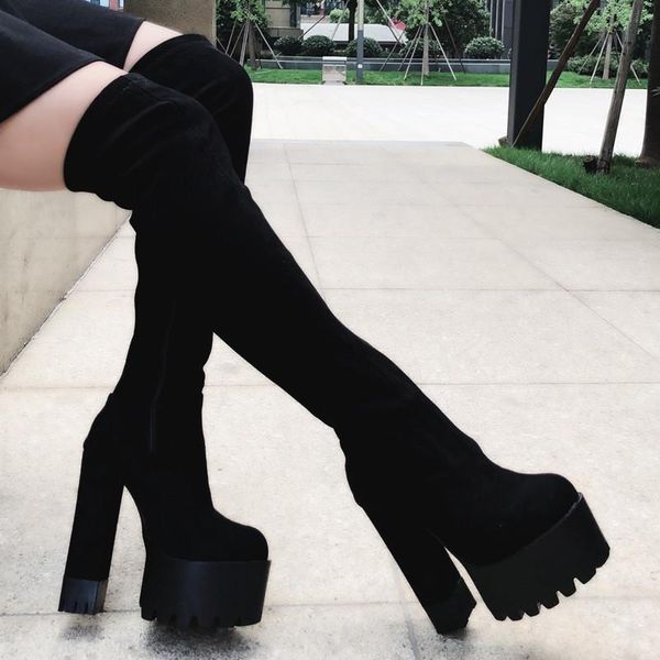 

boots olome womens over the knee platform block super high 16cm heel shoes punk motorcycle long black 2022