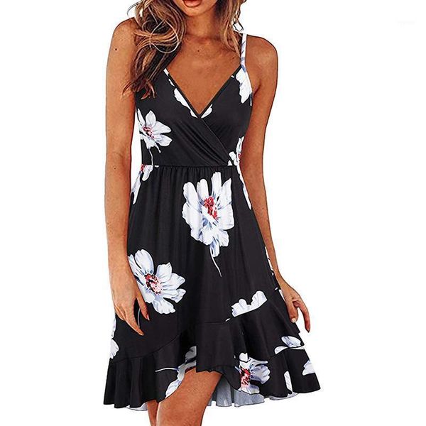 

women summer printed sling v-neck backless bandage dress 2021 beach slim ruffled mini female holiday floral dresses women's swimwear, White;black