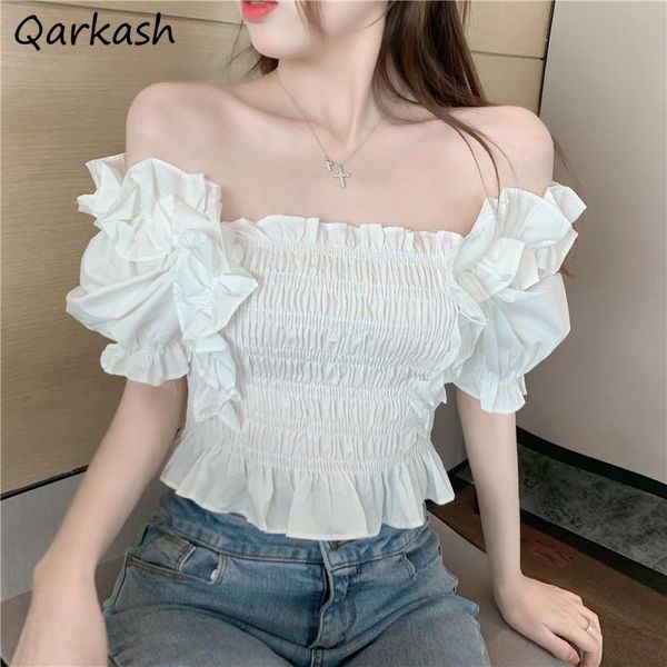 

women's blouses & shirts women cute summer solid edible tree slim teens fashion slash neck all-match crops feminino blusas de mu, White