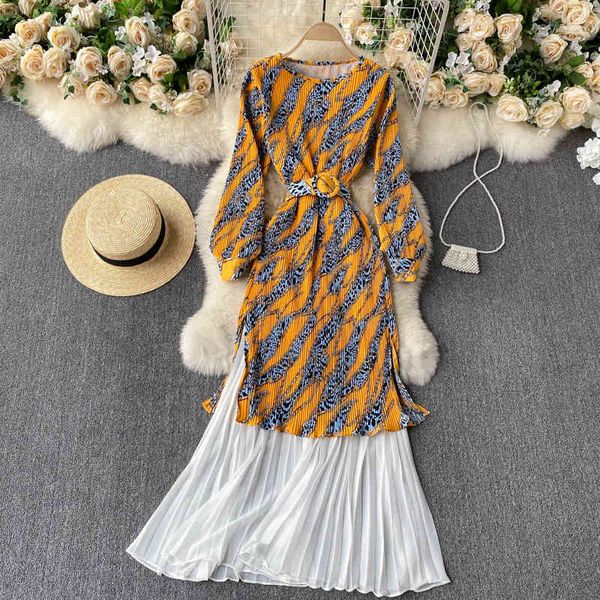 

dresses women design splice print korean o neck sleeve a-line es autumn fashion streetwear midi, Black;gray