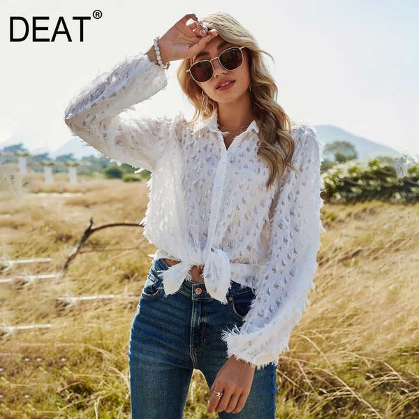 

[deat] summer fashion solid color lantern sleeve hollow out turn-down collar shirt women 13d101 210527, White