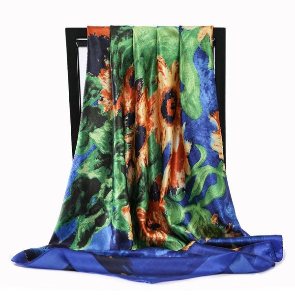 

scarves silk scarf sunflower print ladies designer shawl head foulard soie square women accessories 90x90, Blue;gray