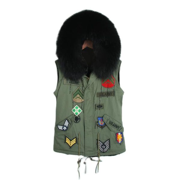 

women's fur & faux women badge army green short vest rose red and black color lined waistcoat with real collar