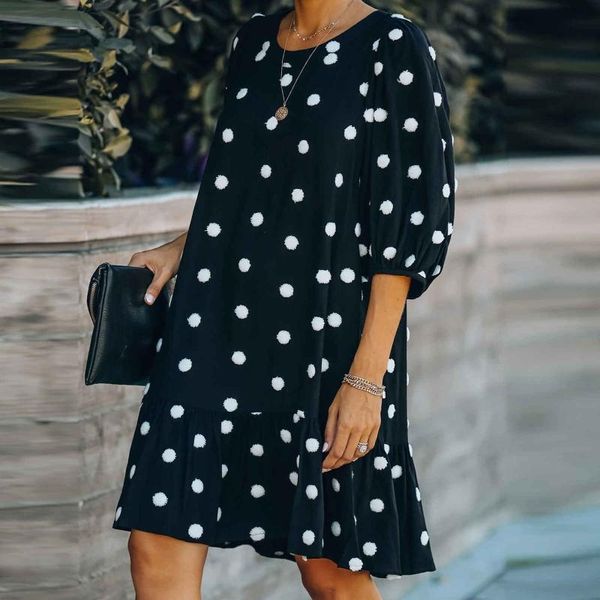 

spring summer dot dress women's casual loose round neck button ladies five-point sleeve polka fashion dresses, Black;gray