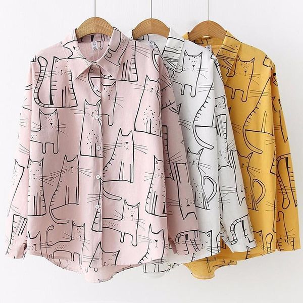 

women shirts fashion turn down collar long sleeve shirt blouse cute cat print loose casual blosues ladies, White