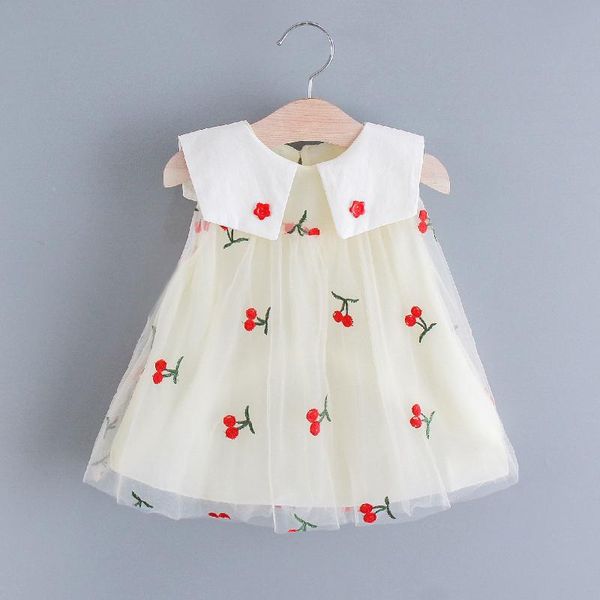 

girl's dresses summer girls dress sweet cherry embroidered sleeveless mesh princess party wedding baby girl clothes 0-18m, Red;yellow