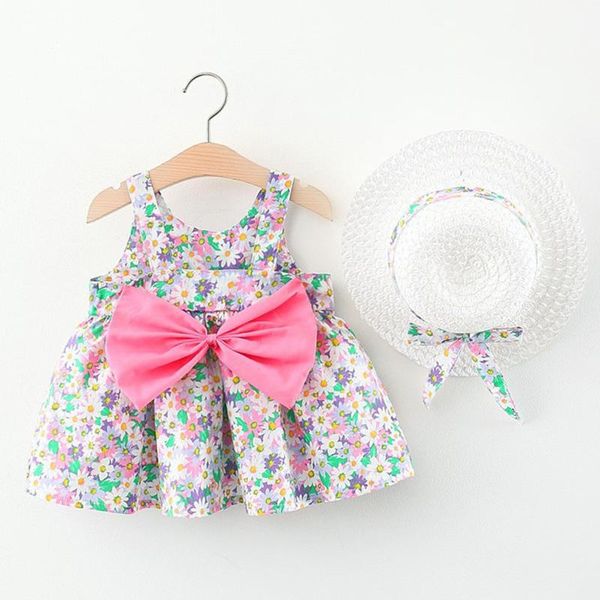 

girl's dresses baby summer girls kids clothes sleeveless bow flower print princess dress+hat set outfit dress vestidos, Red;yellow