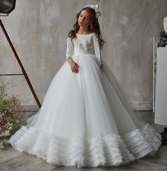 Abiti da ragazza di fiore con perline bianche per matrimonio Abiti da spettacolo per bambine a maniche lunghe da sposa Festa di compleanno Prom Abito natalizio per bambini