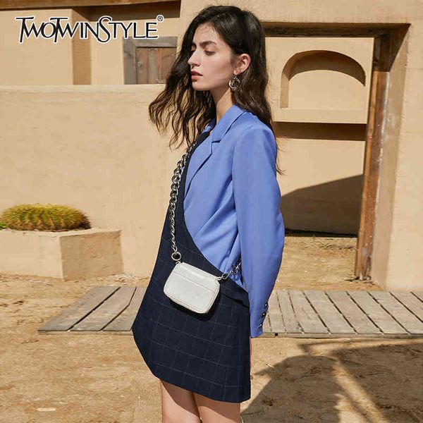 

asymmetrical patchwork plaid blazer for women notched long sleeve casual blazers female fashion clothing 210524, White;black