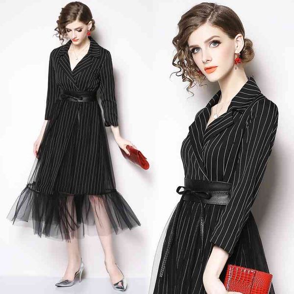 

spring striped black mesh ladies dress women blazers suit notched collar belted wrap blazer jacket midi dresses 210416, Black;gray