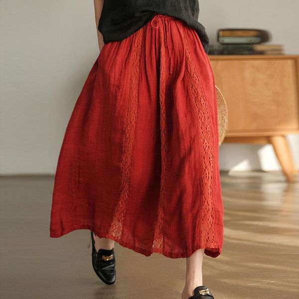 

skirts nini wonderland spring patchwork lace linen vintage skirt 2021 summer elastic waist midi women red a-line big size, Black