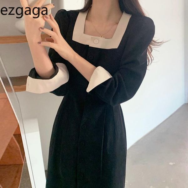 

ezgaga french style elegant dress women chic square collar contrast button slim waist long sleeve undefined vestidos casual dresses, Black;gray