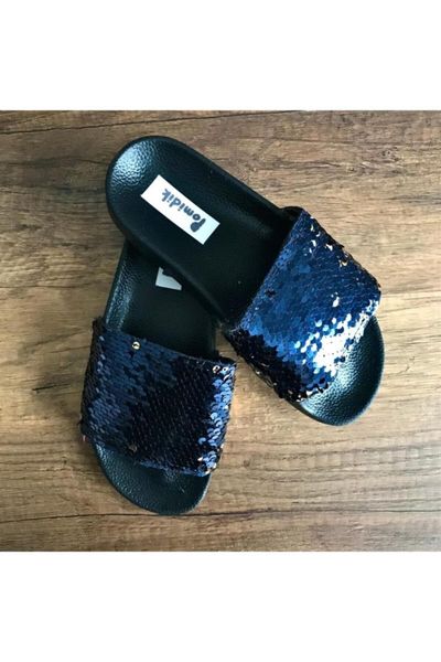 

slippers women's navy blue sequin single band summer, Black