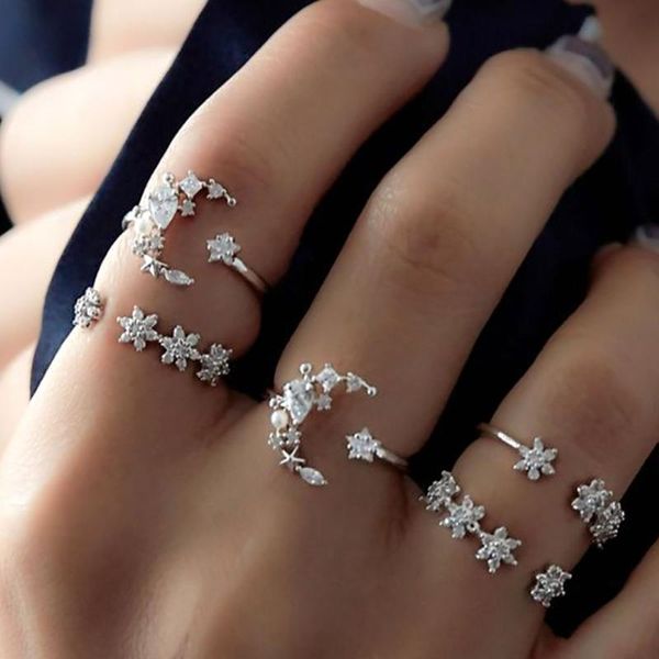 

wedding rings 5 pcs/set bohemia romantic bride ring for women vintage star moon shape big crystal trendy jewelry party dress, Slivery;golden