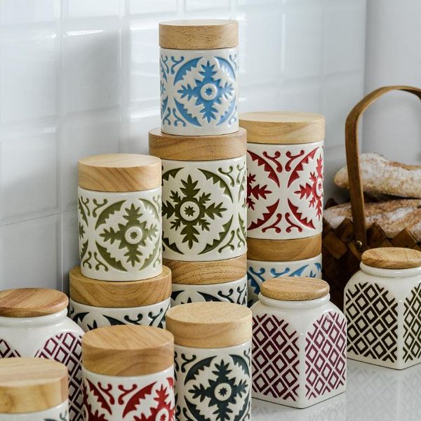 

storage bottles & jars sealed ceramic jar kitchen ceramics seal pot cereals coffee tea seasoning tank with cover 450ml/750m