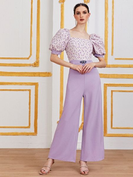 

puff sleeve rhinestone detail jumpsuit w8vw#, White