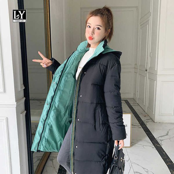 

ly varey lin winter down cotton coat women casual detachable hooded overcoat loose color patchwork thick bubble jackets 210526, Black