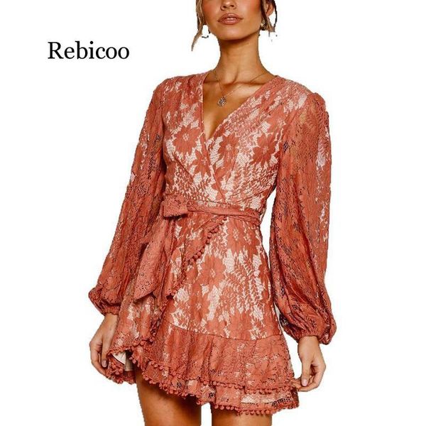 

casual dresses vintage v-neck lantern sleeve lace ruffle tassels mini dress cocktail party women, Black;gray
