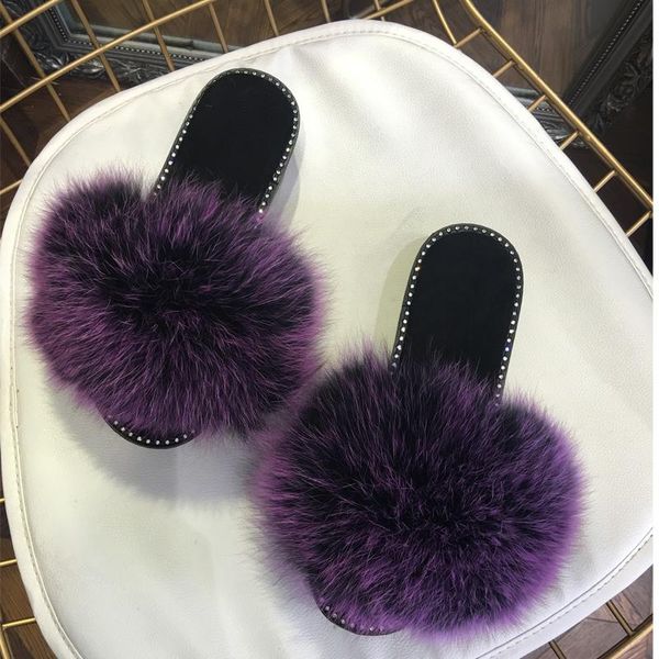 

slippers 2021 rhinestone women fur luxury real beach sandal shoes fluffy comfy furry flip flops, Black