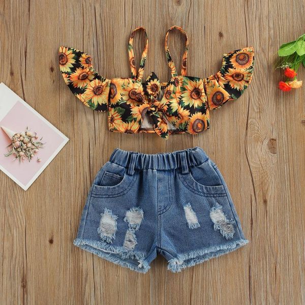 

baby & children's clothingtoddler girl summer clothes set 1-6y off shoulder floral and ripped denim shorts for girls clothing sets, White
