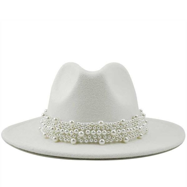 

wide brim hats jazz fedora wool casual men women leather pearl ribbon felt hat white pink yellow panama trilby formal party cap 58-61cm, Blue;gray