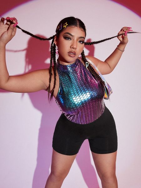 

plus lace up side fish scales bodice romper j1ce#, Black