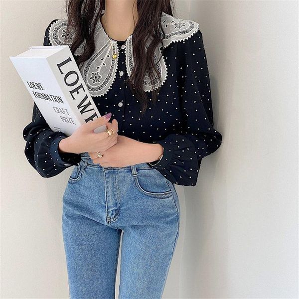 

women's blouses & shirts alien kitty sweet all match polka dots chiffon elegant lace office lady 2021 princess vintage femme streetwea, White
