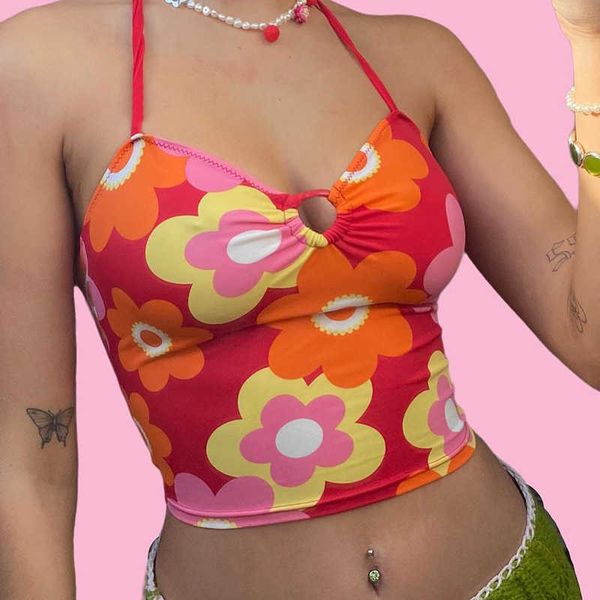 

harajuku floral pattern backless crop 2000s aesthetics bandage halter red tank summer fashion cute outfits y0622, White
