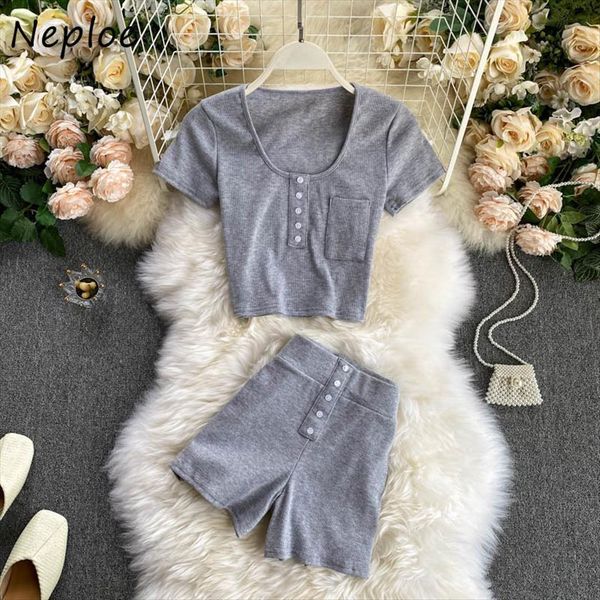 

2 piece set o neck women tracksuits buttons short sleeve elastic high waist wide leg shorts summer fashion suits, Gray
