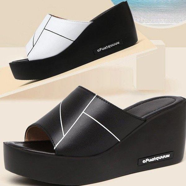 

slippers house platform shoes on a wedge slides slipers women big size low summer 2021 fabric rome pu basic rubber hoof heels, Black