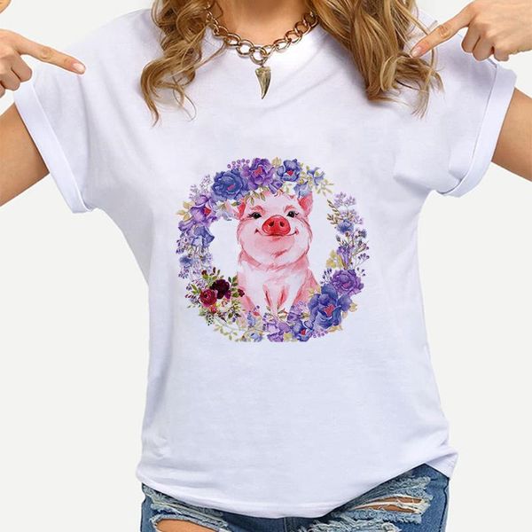 

women's t-shirt pig series creative wonen modern streetwear wreath of purple flowers printed clothes exquisite design, White