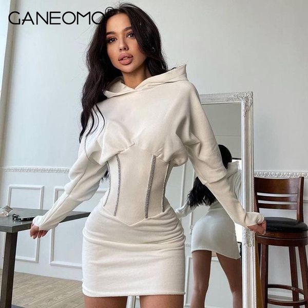 

casual dresses bandage tunic mini for women fall 2021 long sleeve cotton hooded sweatshirt dress autumn streetwear female white, Black;gray