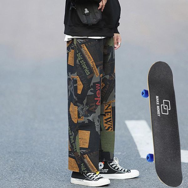 

men's jeans japanese american printed knit loose straight hair edge retro stretch culottes skateboard pants hip hop, Blue