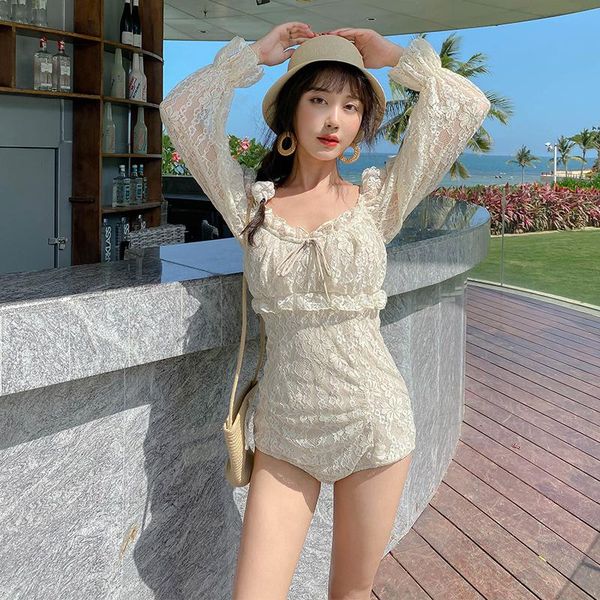 

one-piece suits lace pleated embroidery one piece bathsuit long sleeves bandage padded monokini korea solid push up swimwear beachsuit