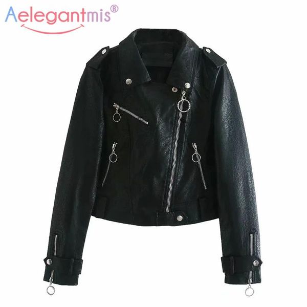 

women's leather & faux aelegantmis spring round zipper soft jacket women fashion motorcycle pu ladies basic street coat, Black