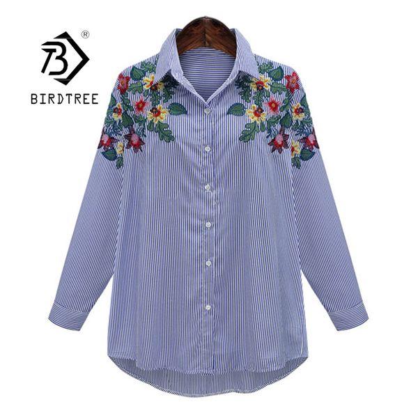 

spring women's turn down collar long sleeve emrbroidery shirts plus size l-4xl striped button up spring autumn t14412x 210419, White