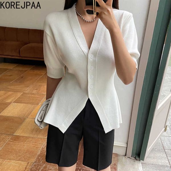 

korejpaa women sets summer french temperament v-neck small-breasted puff sleeve sweater all-match straight casual pant suit 210526, White