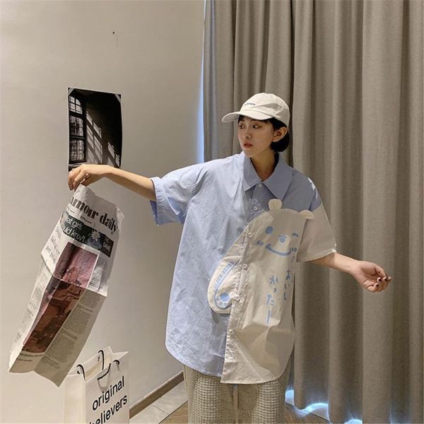 

men's casual shirts long sleeve hip hop male cool harajuku bear print patchwork streetwear fashion korean summer shirt, White;black