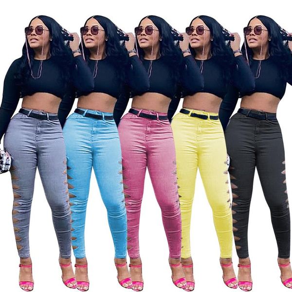 

women's jeans long trousers fashion casual solid color ripped zipper street trend all-match, Blue