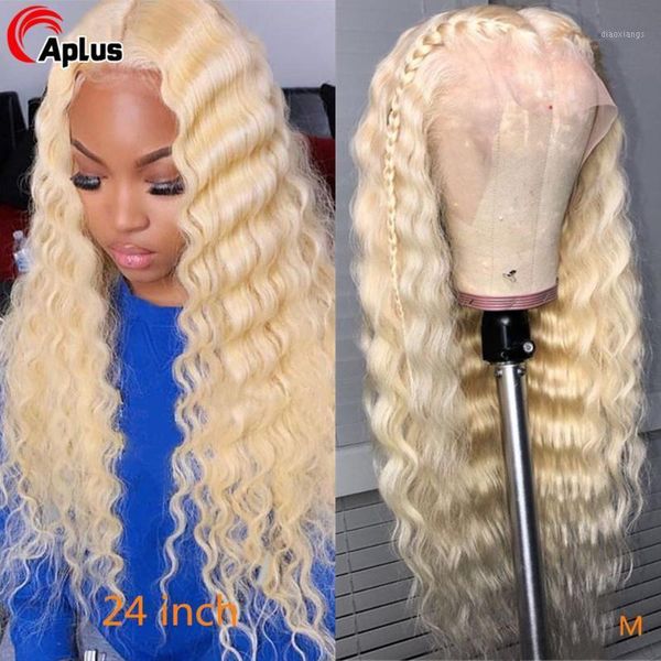 

blonde glueless lace front human hair wigs 4x4 13x4 transparent wig 613 deep wave for women brazilian remy 1501, Black;brown