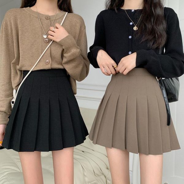 

skirts women's high waist solid color pleated a-line skirt, Black