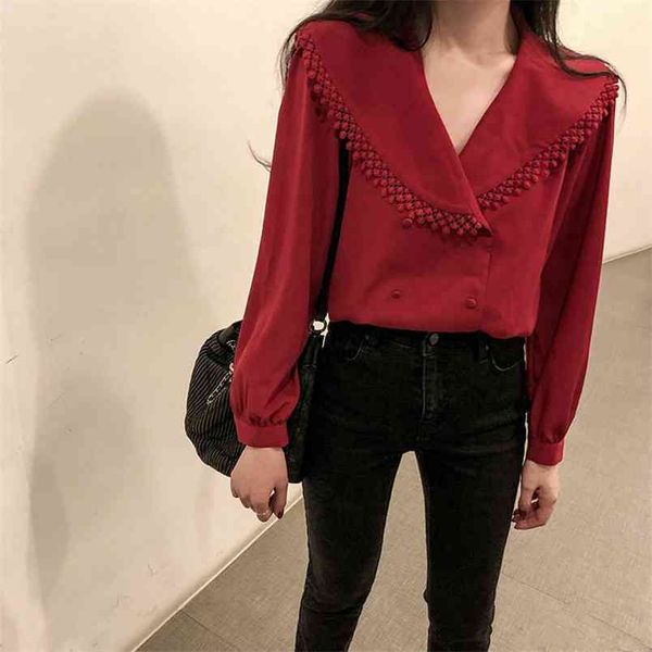 

women's autumn shirt with fringed lotus leaf v-neck long-sleeved blouse clavicle french girl retro pl203 210506, White