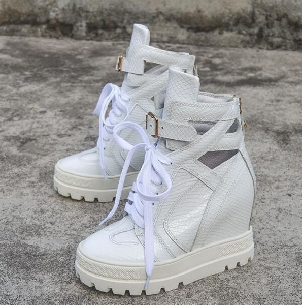 

drop girls white height increasing 10 cm wedge sneakers woman thick sole platform cuts out lace up short ankle boots, Black