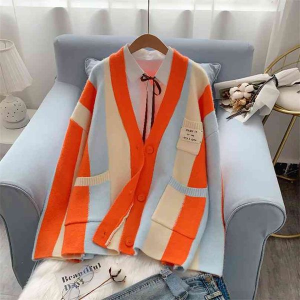 

korean girls sweaters autumn sweater colorful striped cardigan women's single breasted v-neck knitwear cozy loose cardigans 210918, White;black