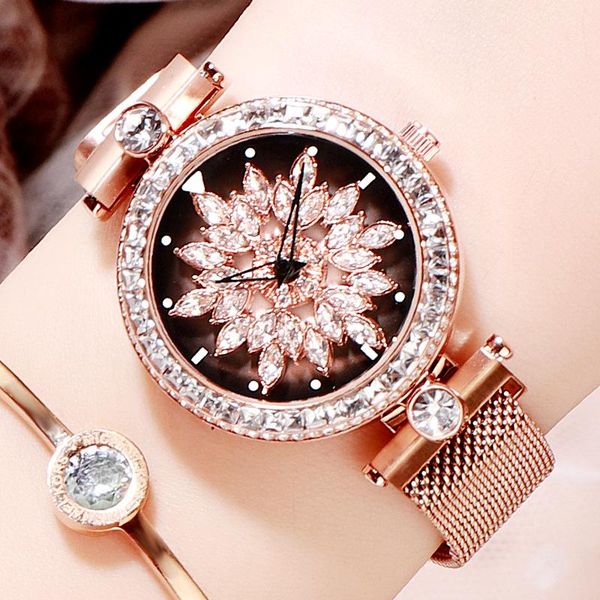 

wristwatches transit watch women's korean fashion quartz full diamond rotary inlaid wholesale, Slivery;brown