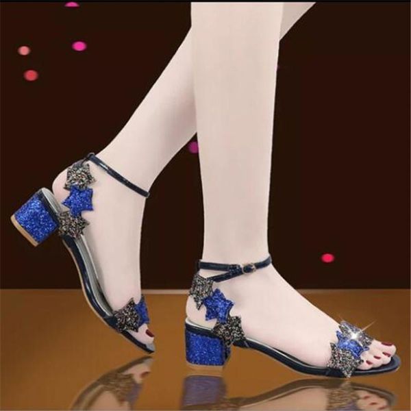 

dress shoes summer sequin women's high-heeled sandals buckle thick heels open toe wild, Black